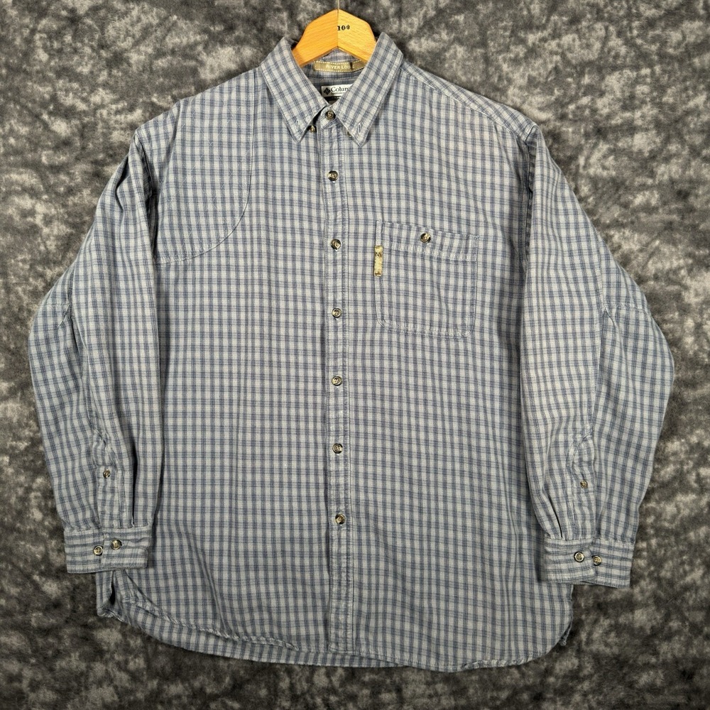 Columbia River Lodge Mens Large Blue Plaid Long Sleeve Button Up Shirt Outdoor